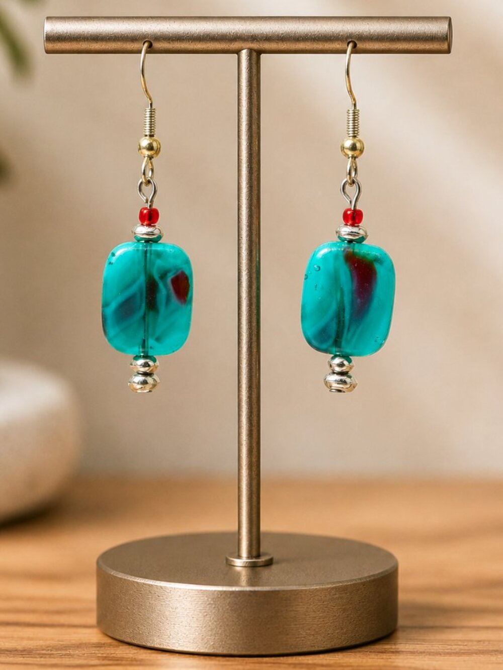 Turquoise Art Glass Drop Earrings Red Accent | Handmade